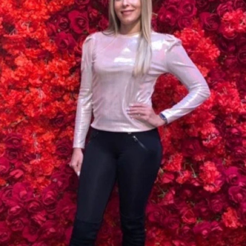 Puff Sleeve champagne Metallic Fitted Blouse - Picture 7 of 10